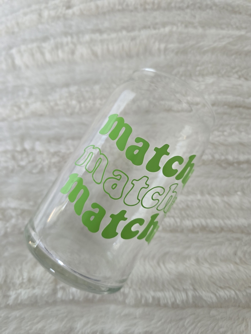 Clear Glass Tumbler with Bright Green "matcha" Print